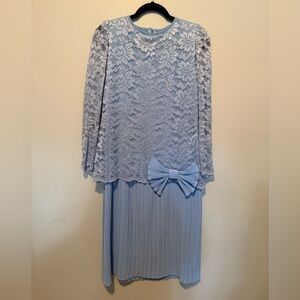 Vintage Powder Blue Lace & Pleated Dress with Bow - Silhouettes Brand